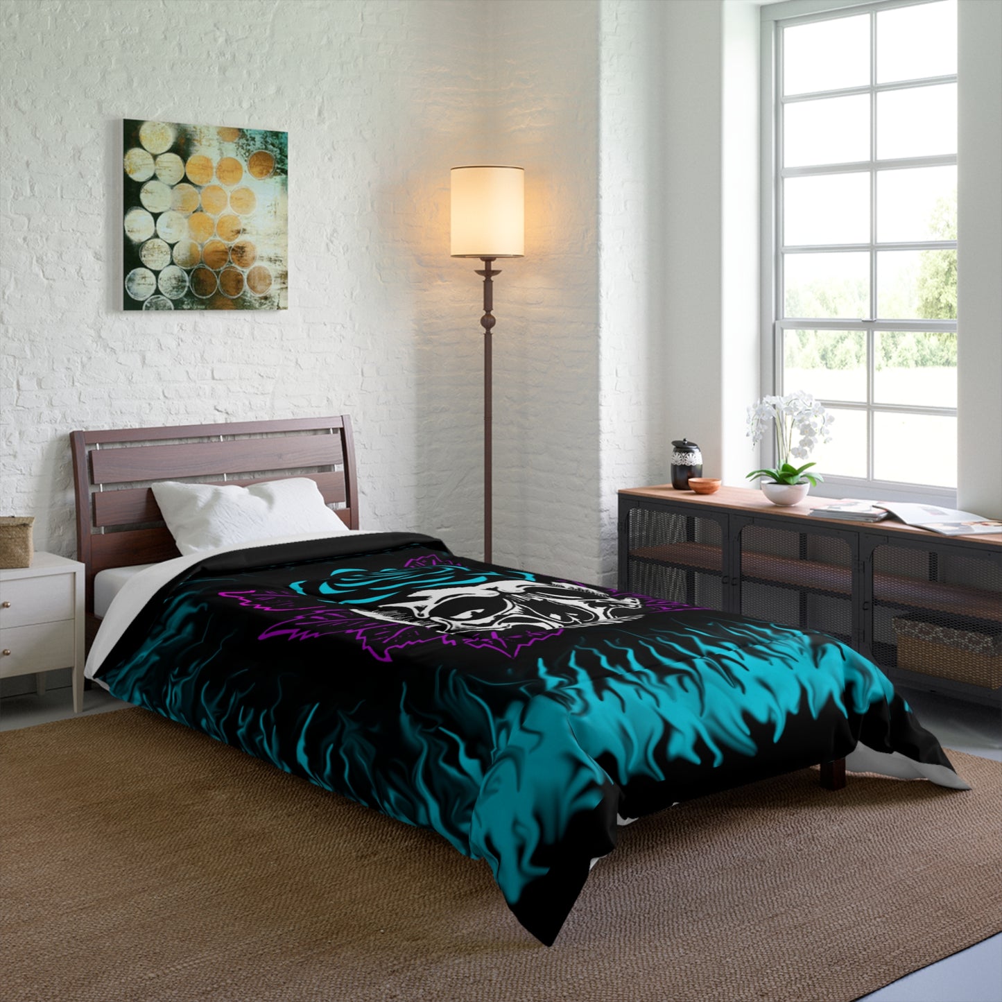 Teal Rose Skull Comforter