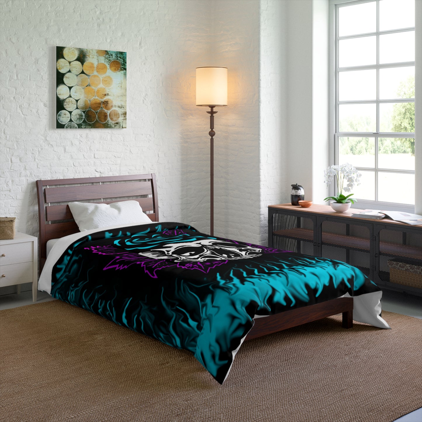 Teal Rose Skull Comforter