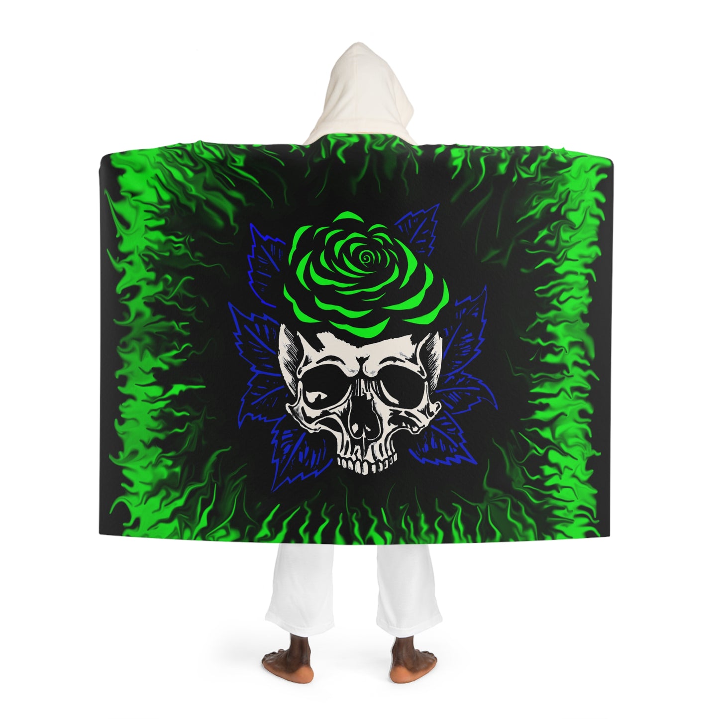Green Rose Skull Hooded Sherpa Fleece Blanket