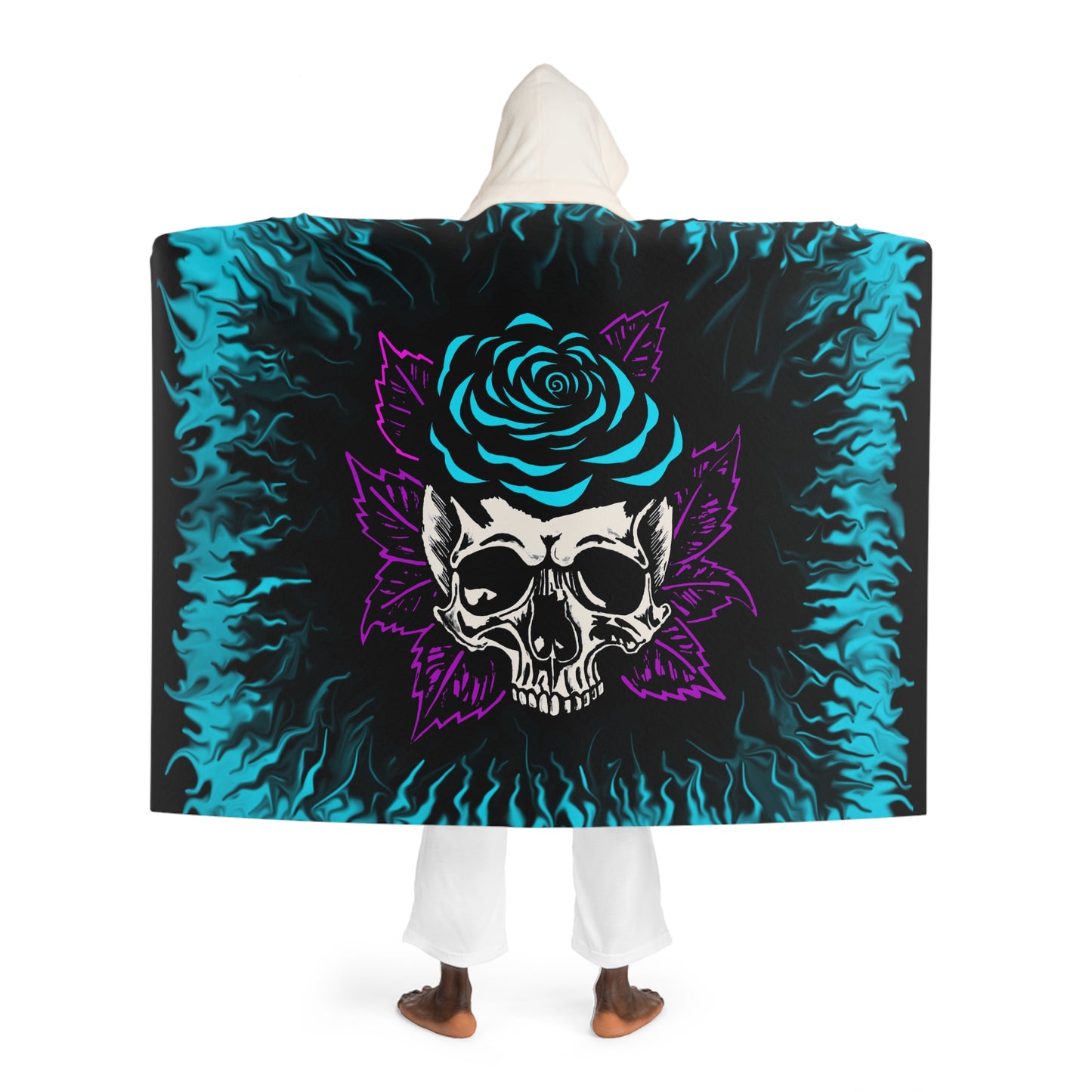 Aqua Rose Skull Hooded Sherpa Fleece Blanket