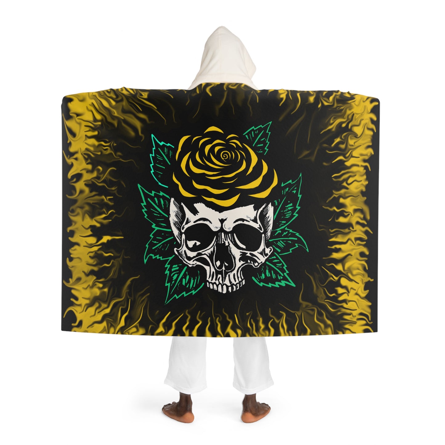 Gold Rose Skull Hooded Sherpa Fleece Blanket